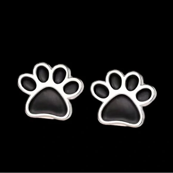 Silver Paw Print Stud Earrings - Picture 2 of 5